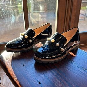 “Garnella Patent Pearl Detail Lug Sole Loafers”